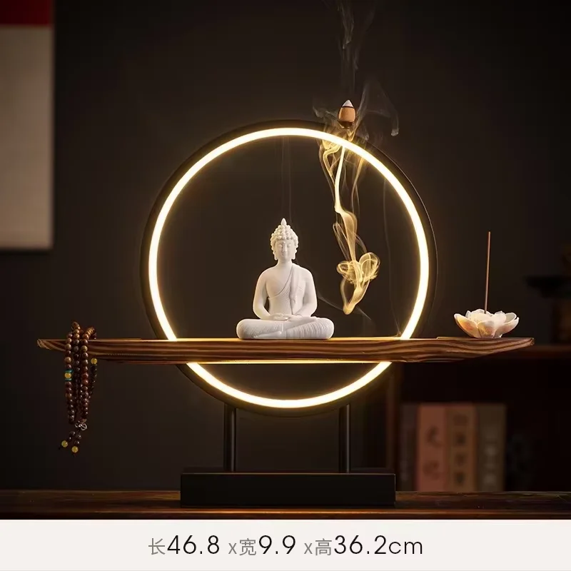 Autel Lumineux Bouddha Sakyamuni 3D – Sculpture Zen & Anneau LED avec Encensoir (45 cm) – Image 15