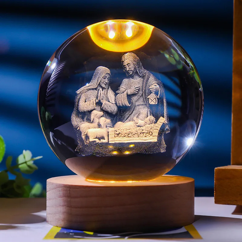 Veilleuse Boule de Cristal 3D – Sphère Céleste Gravée Laser sur Socle Bois LED – Image 13