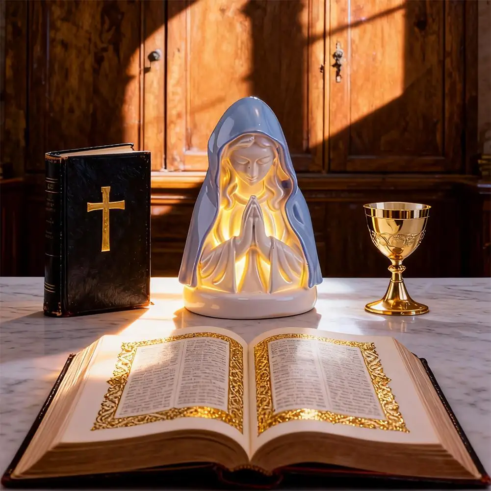 Virgin Mary Prayer Statue with Light, Christian Prayer Lamp for Home Christian Decor, Hand Painted Blessed Virgin Mary Statue – Image 4