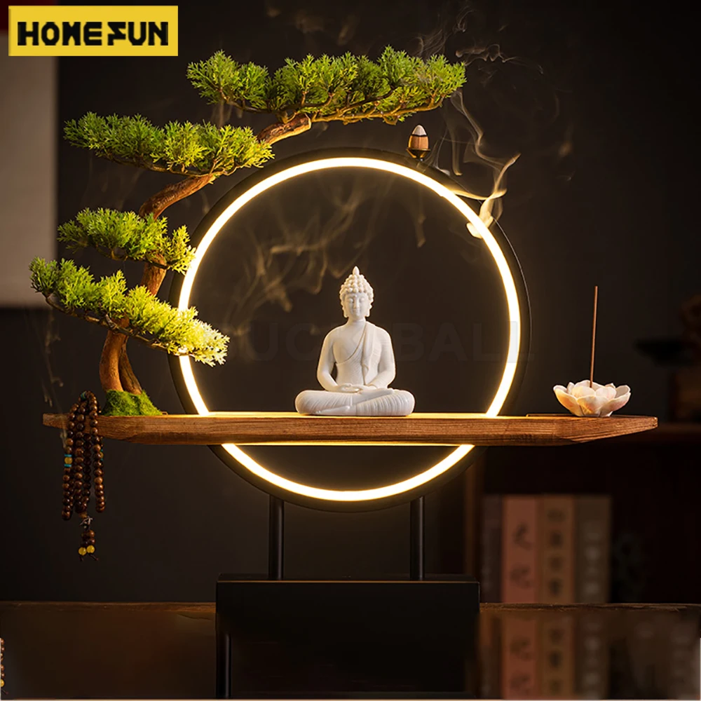Autel Lumineux Bouddha Sakyamuni 3D – Sculpture Zen & Anneau LED avec Encensoir (45 cm)