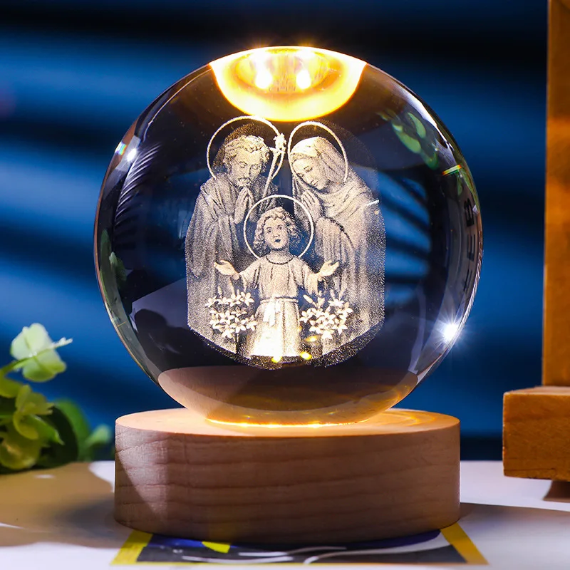 Veilleuse Boule de Cristal 3D – Sphère Céleste Gravée Laser sur Socle Bois LED – Image 7