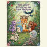 Couverture du livre Mon Cahier de Coloriage des Amis Magiques montrant une scène de forêt féerique colorée avec tous les personnages de la collection réunis.