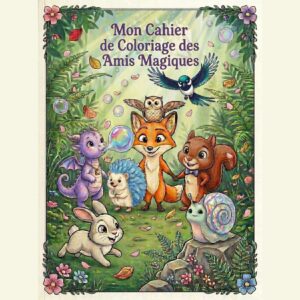 Couverture du livre Mon Cahier de Coloriage des Amis Magiques montrant une scène de forêt féerique colorée avec tous les personnages de la collection réunis.