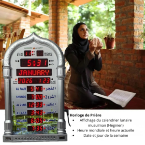 Horloge Azan digitale de prière islamique avec écran LED affichant les 5 heures de prière et le calendrier Hégirien