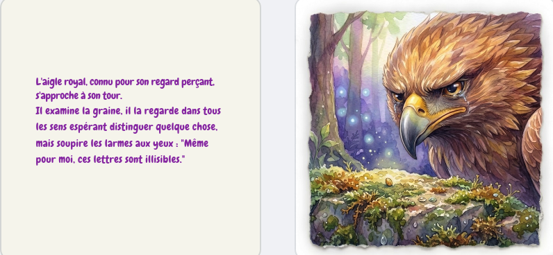 Double-page illustrée du livre Barnabé et la coquille de cristal montrant un gros plan sur un aigle royal triste avec une larme à l'œil observant une minuscule graine d'or magique sur de la mousse.