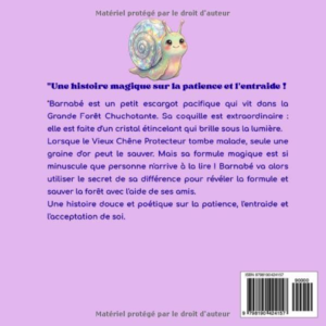 Quatrième de couverture du livre Barnabé et la coquille de cristal Tome 2 avec un résumé en français sur fond rose-violet, une illustration d'escargot et un code-barres.