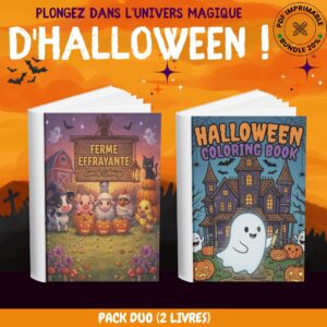 Pack Duo de 2 livres de coloriage d'Halloween pour enfants en PDF imprimable : Ferme Effrayante et Le Manoir Enchanté avec réduction bundle de 20%.