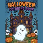 Couverture du livre de coloriage d'Halloween pour enfant : gentil fantôme souriant avec un crayon jaune devant un manoir enchanté et des citrouilles rigolotes.