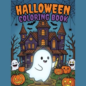 Couverture du livre de coloriage d'Halloween pour enfant : gentil fantôme souriant avec un crayon jaune devant un manoir enchanté et des citrouilles rigolotes.