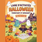 Couverture du livre d'activités d'Halloween pour enfants de 3 à 5 ans montrant des petits qui dessinent et jouent à un labyrinthe, avec des monstres mignons, des citrouilles et un gentil fantôme.