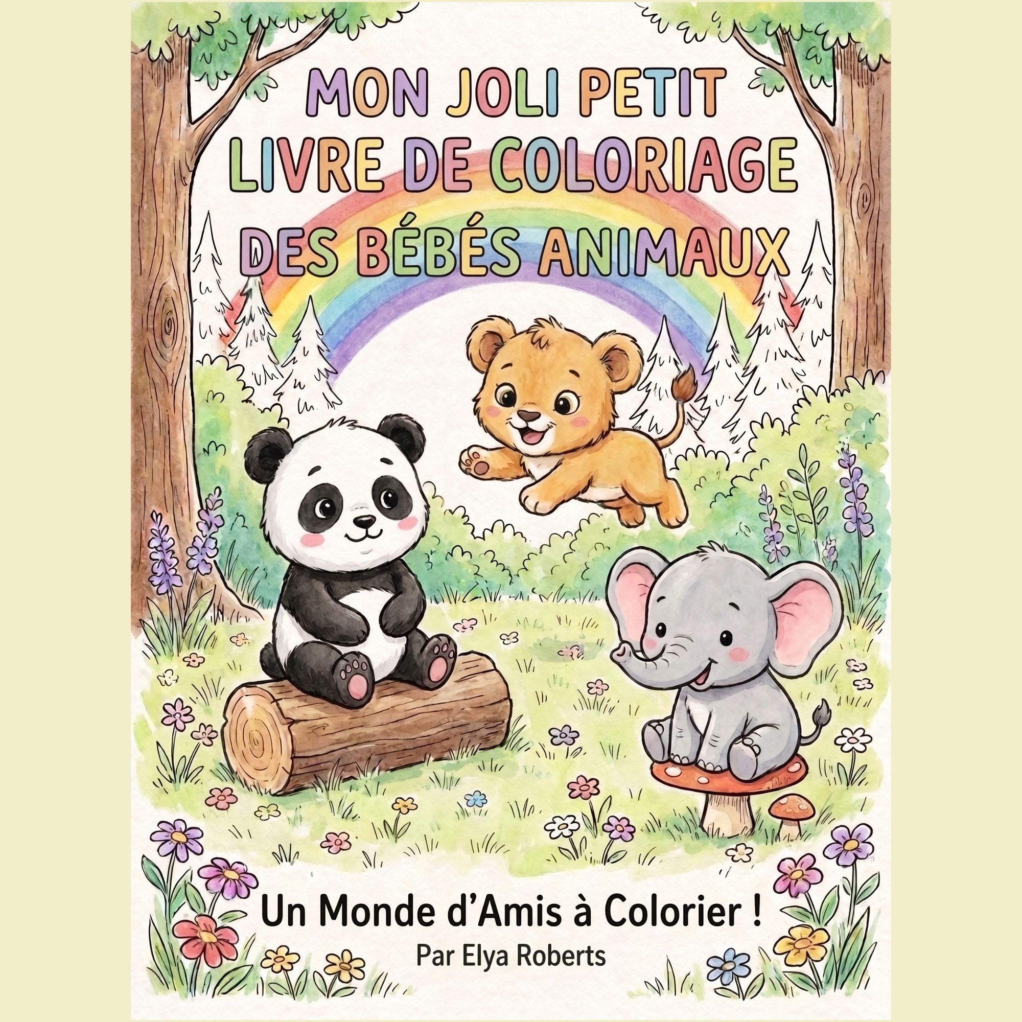 Couverture du livre de coloriage des bébés animaux pour enfant avec un petit panda sur un tronc, un lionceau et un éléphanteau sous un arc-en-ciel.