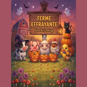 Couverture du livre de coloriage Ferme Effrayante pour enfant avec animaux de la ferme mignons déguisés pour Halloween, citrouilles souriantes et fantômes.